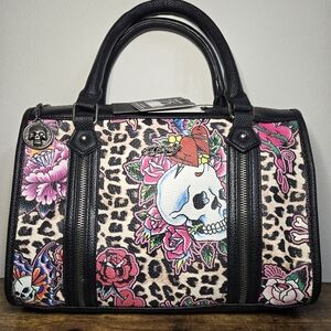 Ed Hardy Satchel Cheetah Black and Multicolor Skull Purse Bag